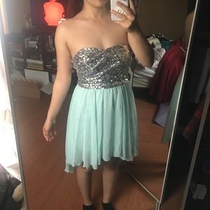 Strapless high low blue dress with sparkly sequins
